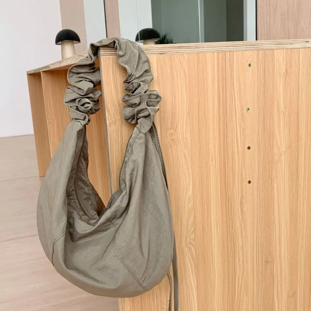 

Simple Pleated Canvas With Zipper Tote Bags Solid Color Shoulder Bags