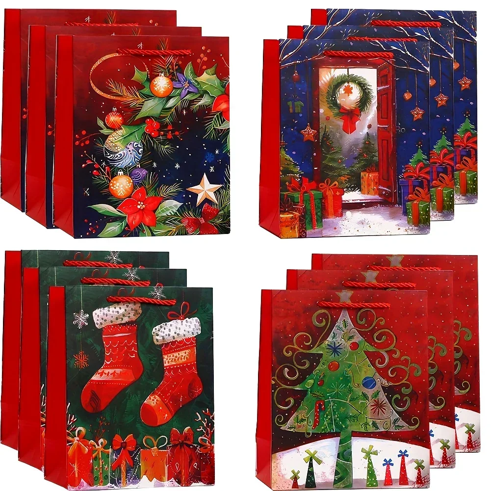 

12pcs Christmas Gift Tote Bags Set Durable Paper Holiday Present Bag Socks Tree Garland Designs for General Gifting Occasions