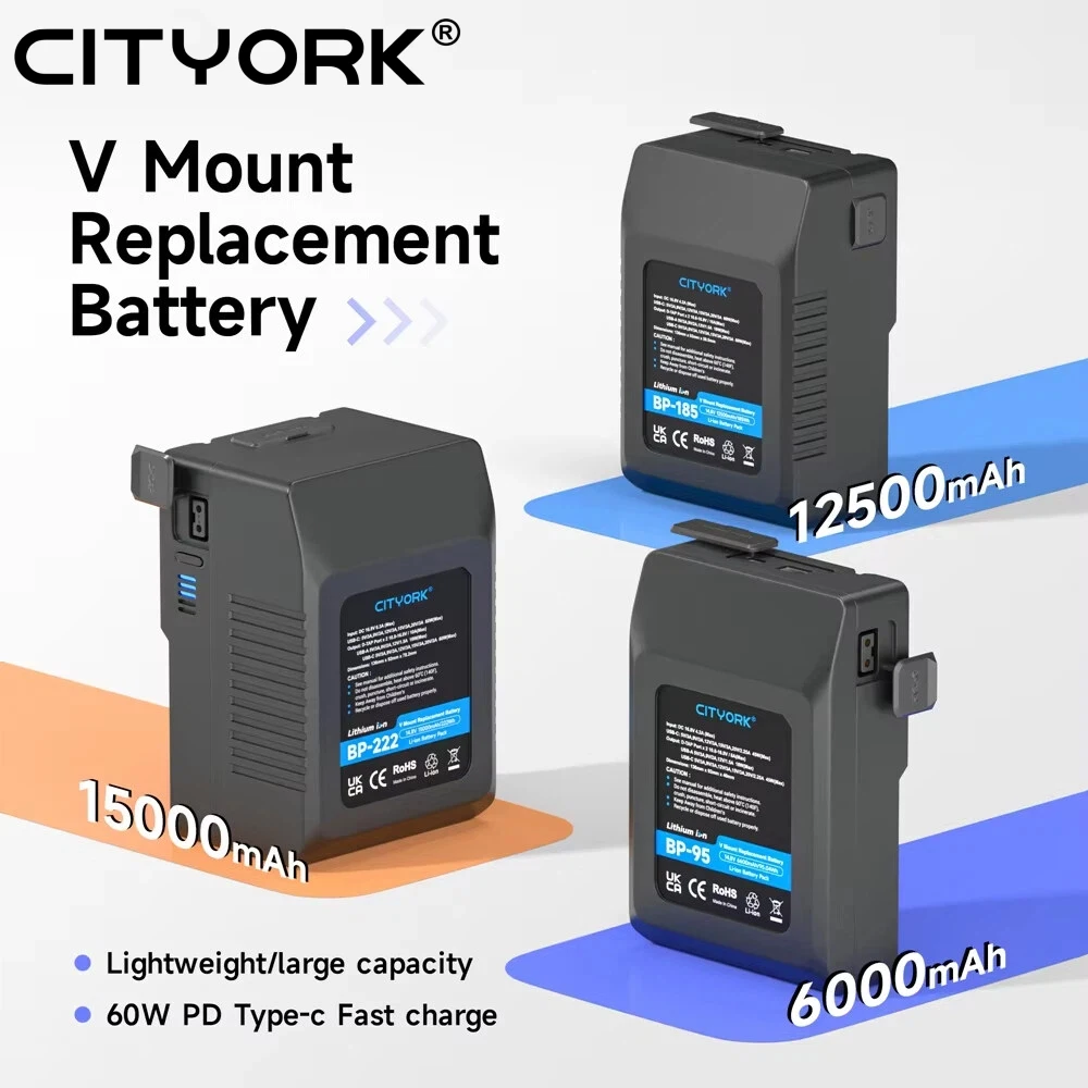 Batería de litio con montaje en V/v-lock de 14,8 V BP95W BP185W BP222W para baterías Micro de bolsillo USB tipo C para cámaras, teléfonos
