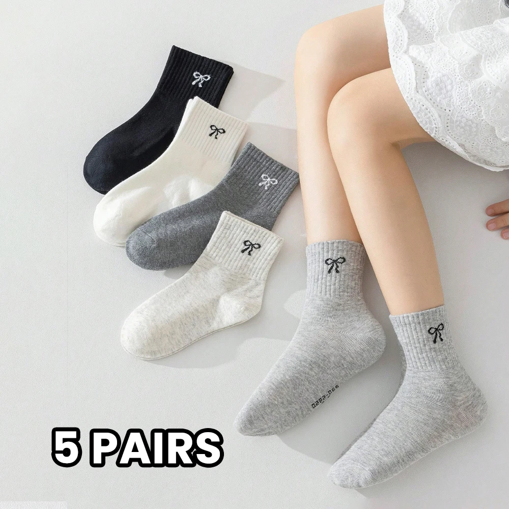 

5 pairs girls' plain-colored with bow-patterned socks, cute and casual, suitable for daily use and travel, kid's mid-calf sock