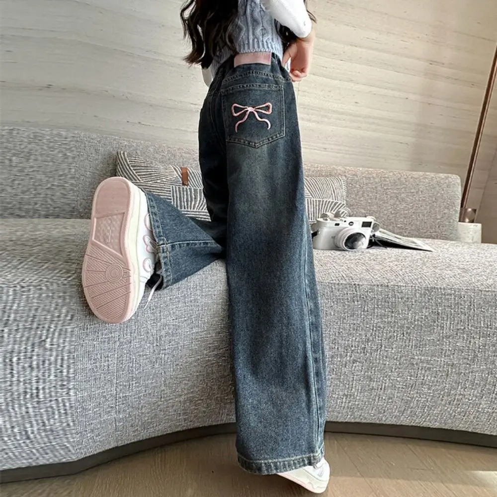 

Милые джинсы с бантом, свободные детские джинсы с высокой талией Y2K, ковбойские брюки, широкие джинсовые брюки для маленьких девочек, уличная одежда