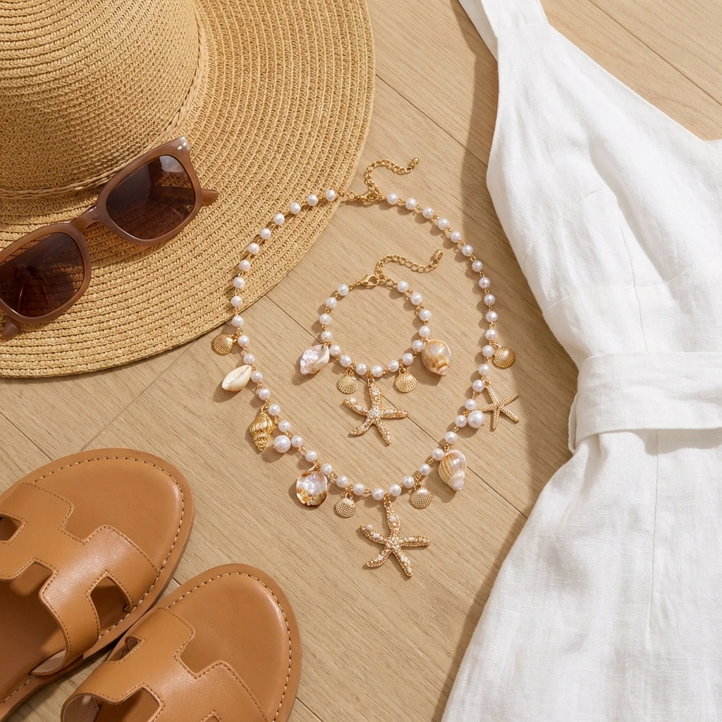 Übertriebene Perlen-Seestern-Anhänger-Halskette für Damen, Bohemian-Stil, Imitationsperlen-Muschel-Halskette, Trendiger Sommer-Partyschmuck – Detail 6