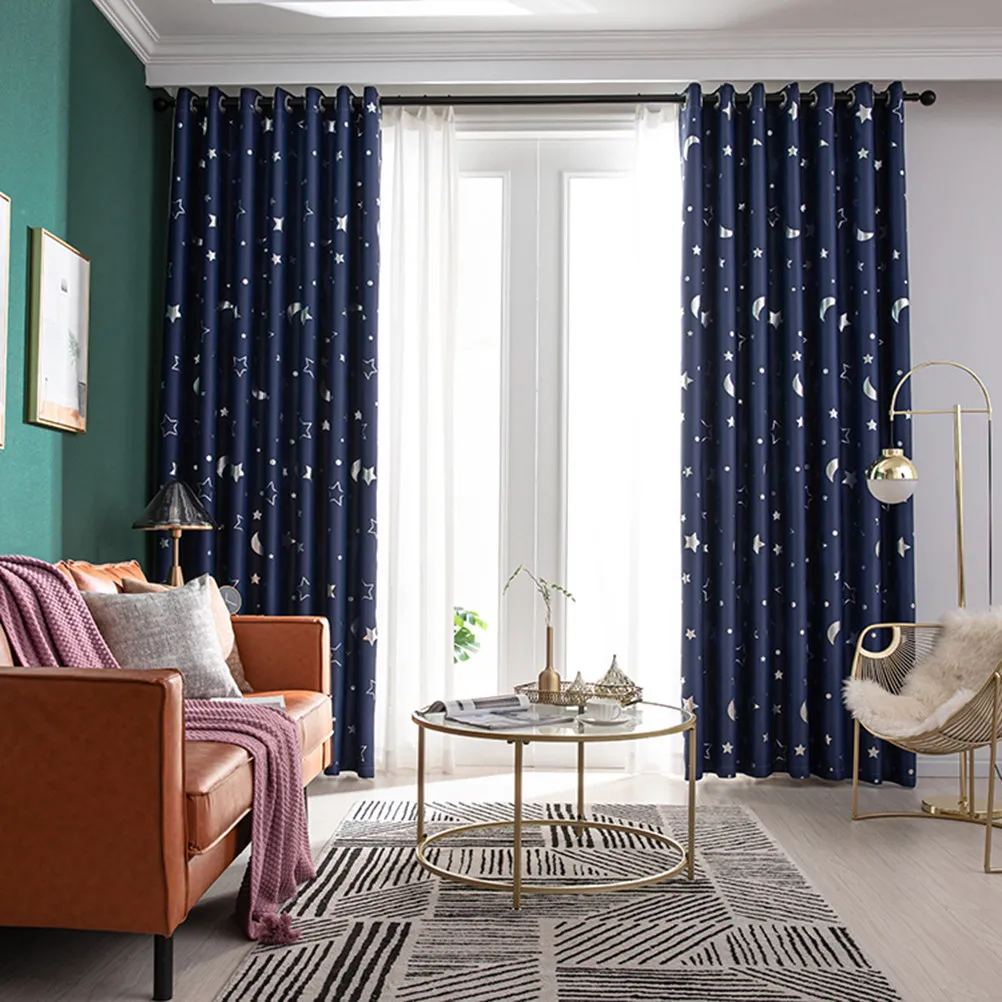 

1 pc Silver Stars Moon Print Blackout Curtains For Living Room Bedroom 100X130Cm Navy Heat Insulation Window Curtain