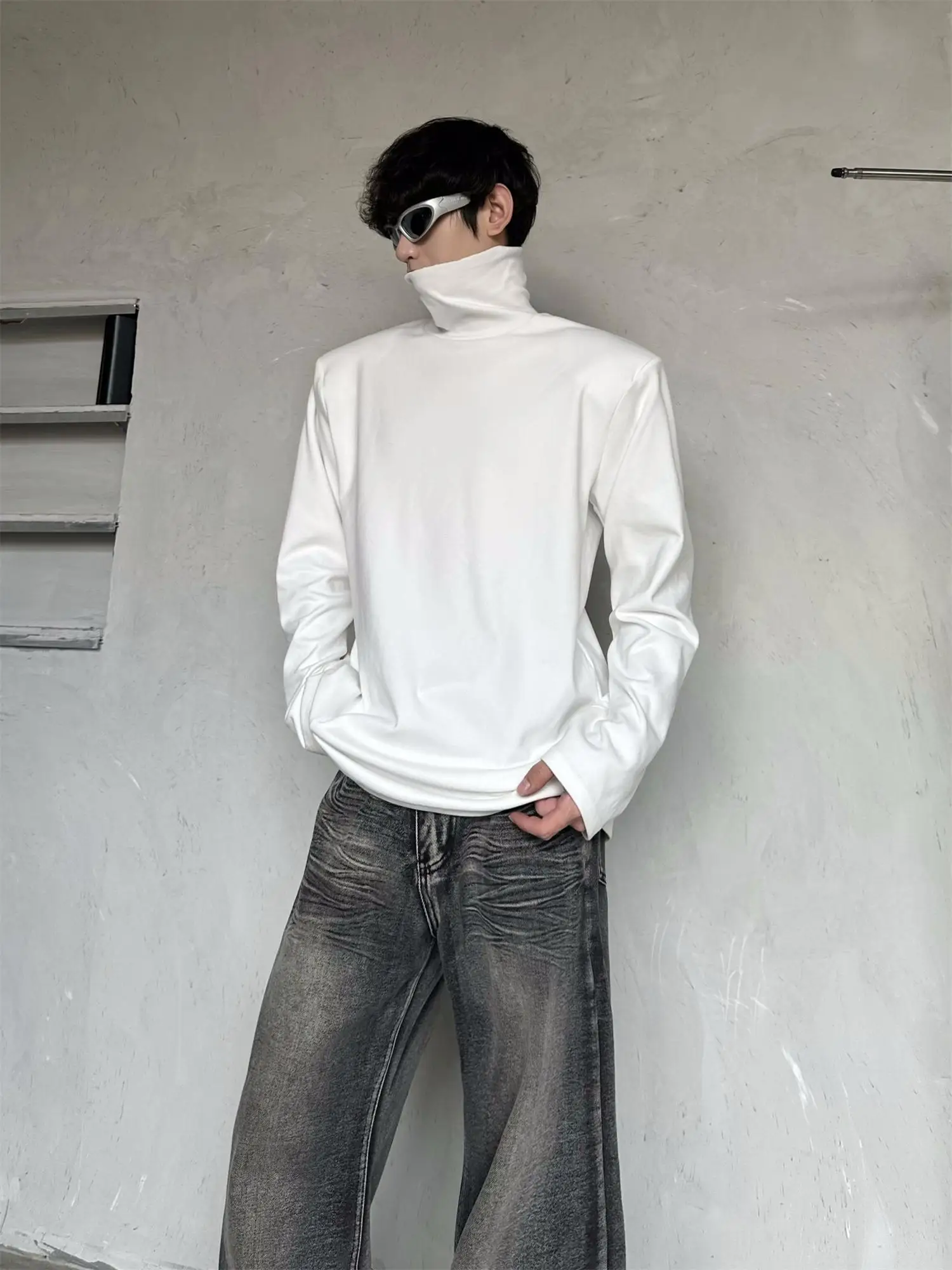 Warmth Velvet Pad Shoulder High Collar Long Sleeve T-Shirt Base Layer Shirt Pure Color Youth Trend Cotton Standard Fit Men's ...