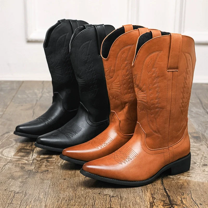 

Men's Black & Tan Western Cowboy Boots Embroidered Mid-Calf Booties with Block Heel and Pointed Toe Vintage-Inspired Footwear