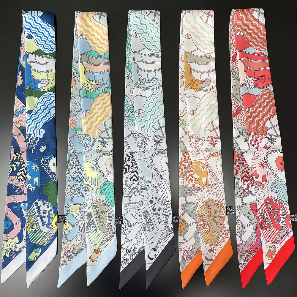 2024 New Luxury Polyester Silk Scarf Underwater World Print Women\'s All Seasons Decorative Thin Scarf Scarf Headband 90*5cm