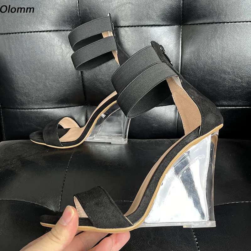 

Olomm New Arrival Handmade Women Sandals Sexy Wedges Heels Round Toe Elegant Black Casual Shoes Ladies US Size 4-15