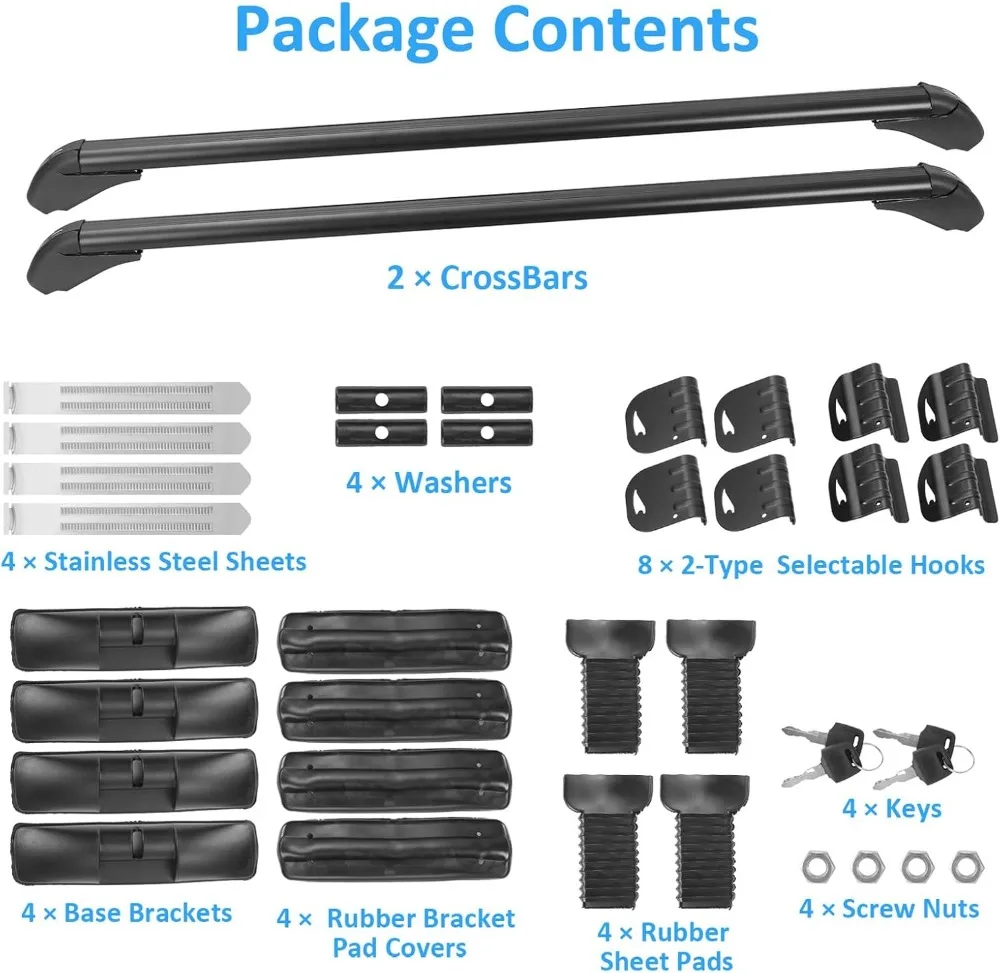 رف سقف السيارة العالمي مع قفل مضاد للسرقة، قضبان متقاطعة من الألومنيوم لدراجة كاياك، قابل للتعديل 42.91-44.88 بوصة، تحميل 165 رطل