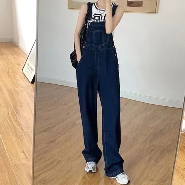 Four Seasons Women's Washed Vintage Solid Color Jeans Overalls Pants Casual Trendy Loose Korean Wide Leg Straight Denim Trousers