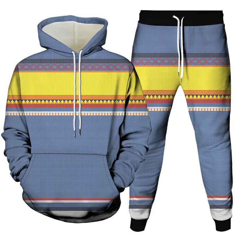 New 2023 Men Fashion Tracksuit Clothes Cross Stripe Pattern Print Unisex Sportwear Suit Hoodies+Sweatpants Outdoor 2pcsSets 6XL