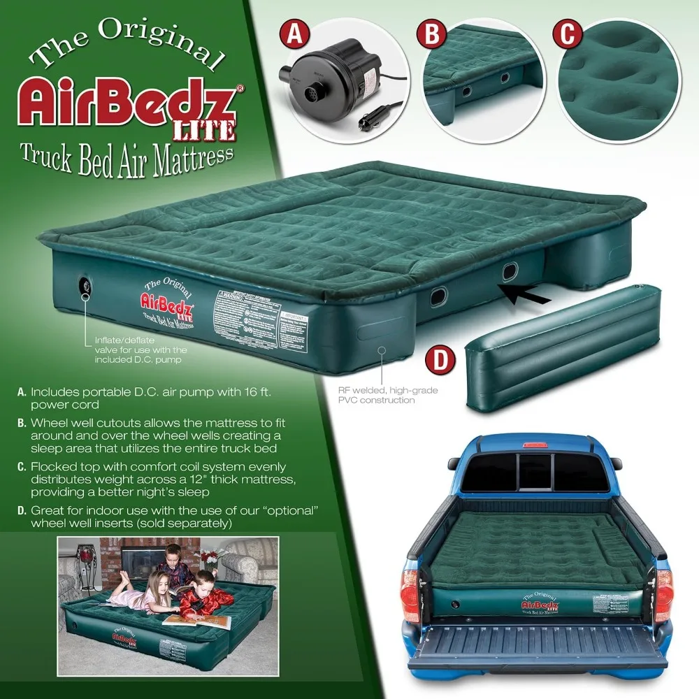 AirBedz Lite PPI PV202C Full Size, Short 6'-6.5' Truck Bed Air Mattress with DC Corded Pump (76"x63"x12" Inflated),Green