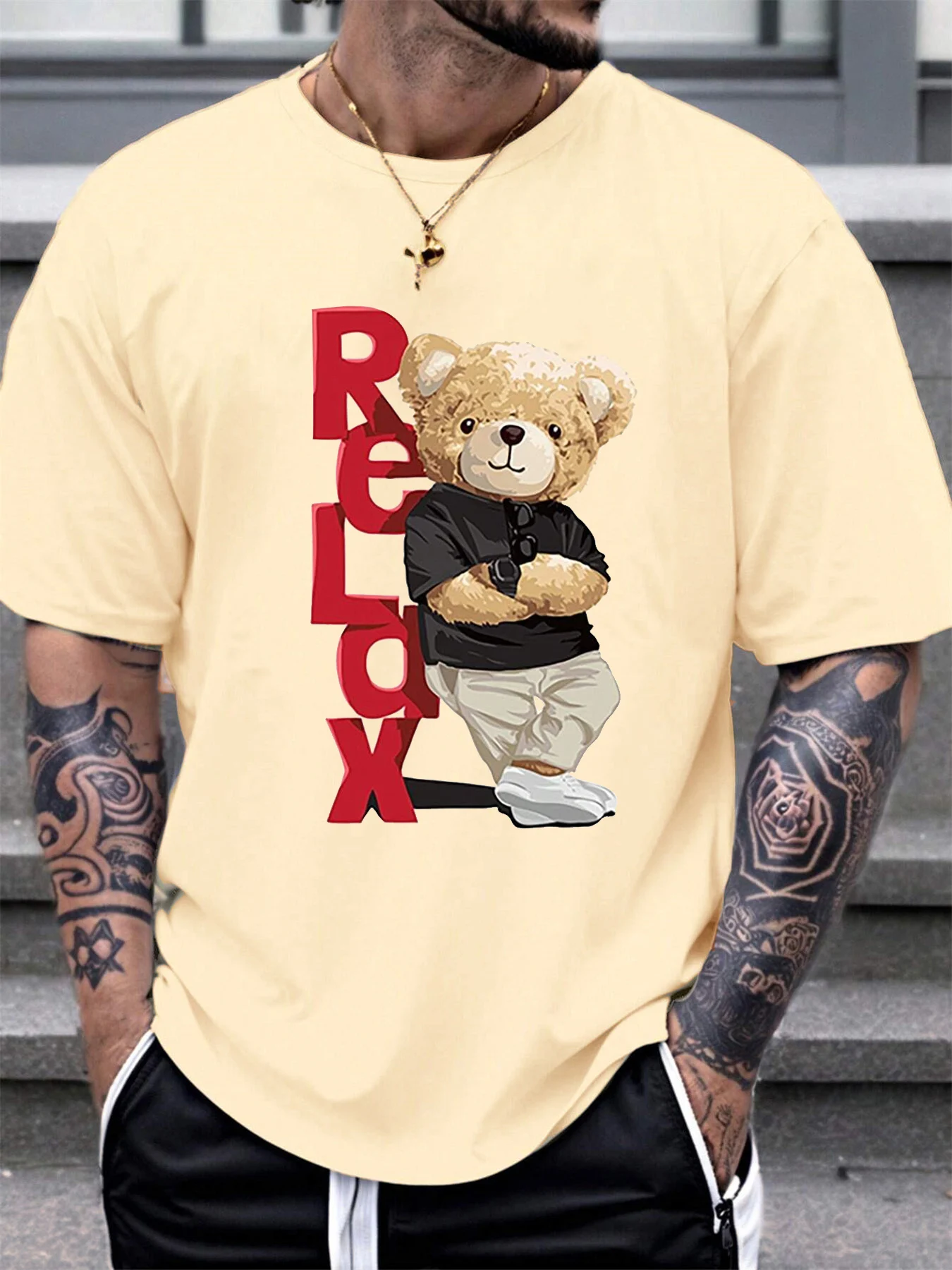 Men's Summer 100% Cotton Fashionable Casual Loose Large Size Letter Bear Printed Sports Round Neck Short Sleeve T-shirt Top image 5