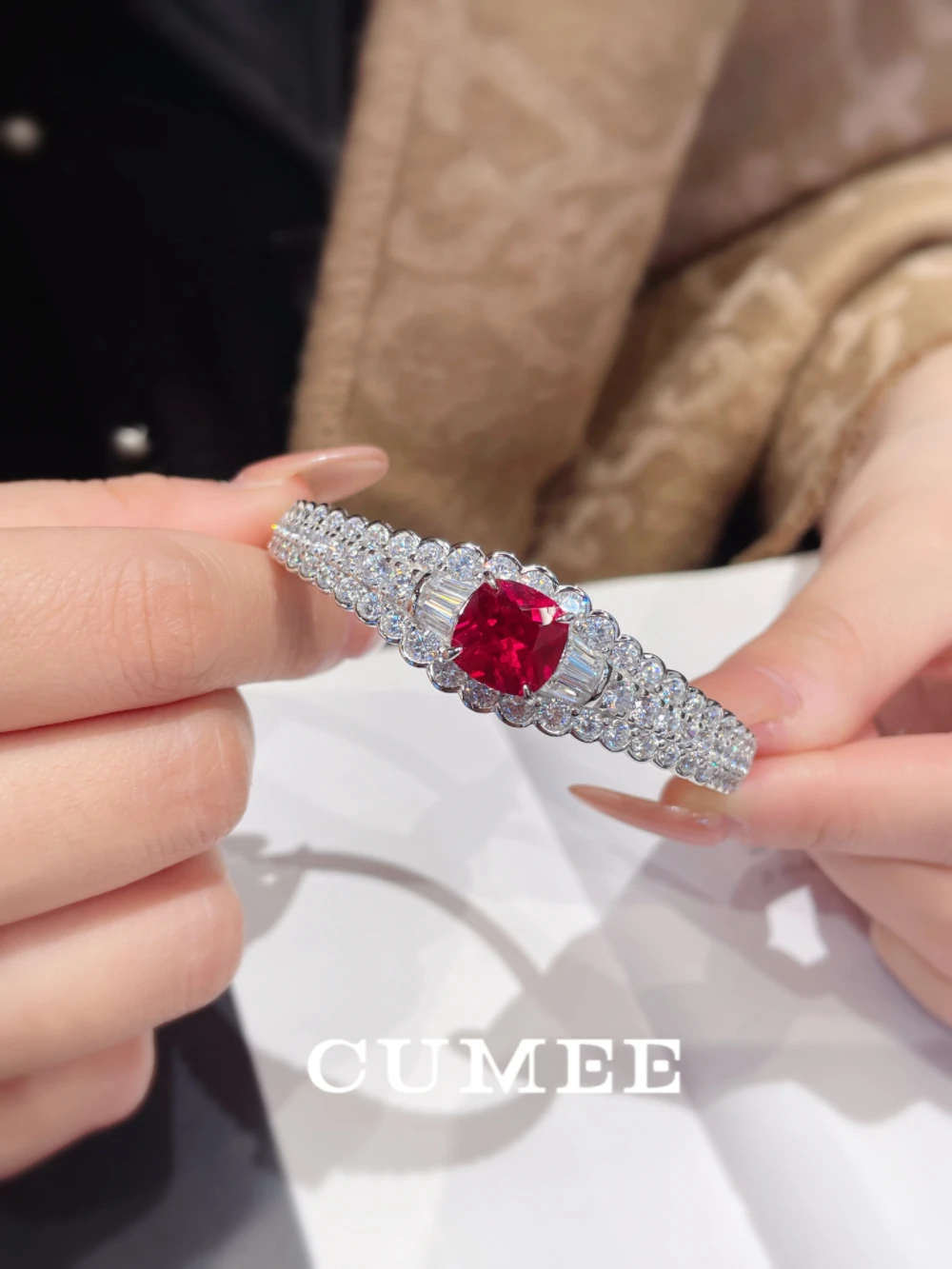 CUMEE Princess Square Cultivated Synthetic Gemstone Ruby Ring Bracelet Silver Gold-plated