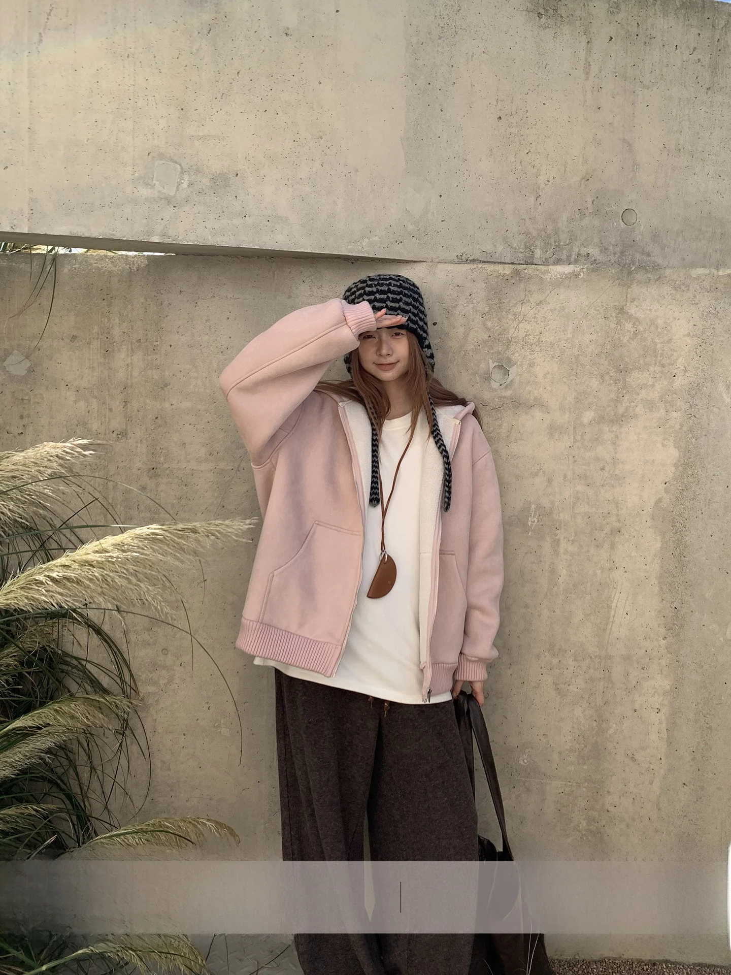 

Ladies' Lamb Fur Jaet Autumn Winter New Sle Fce Lined Suede Cotton Coat Pink Hooded Coat Warm Straight Cut Commute Sle