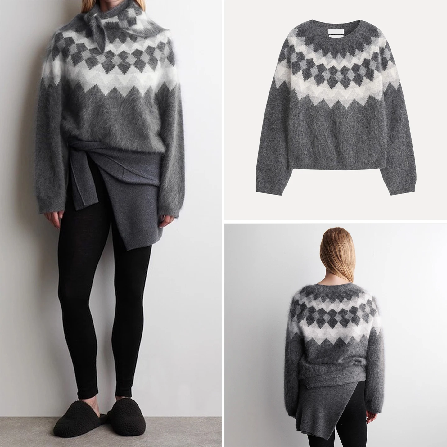 

Ay Вязаный длинный све, круглый женский слей Ne с ромбовидным узором, осень 2023, новая мода, свободная повседневная одежда Z