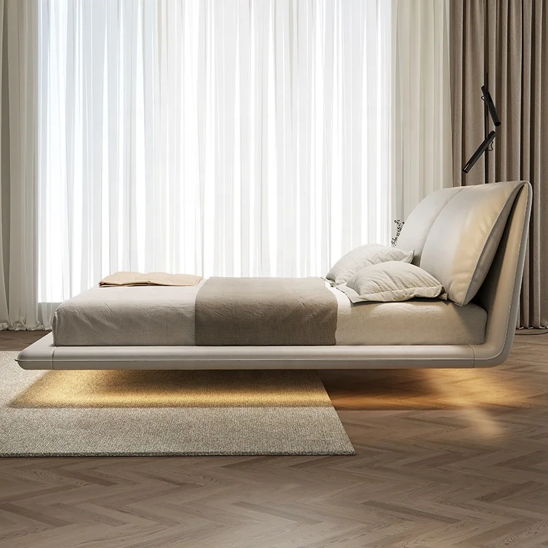 Simple light luxury suspended leather soft bed down filled double bed modern master bedroom home furniture
