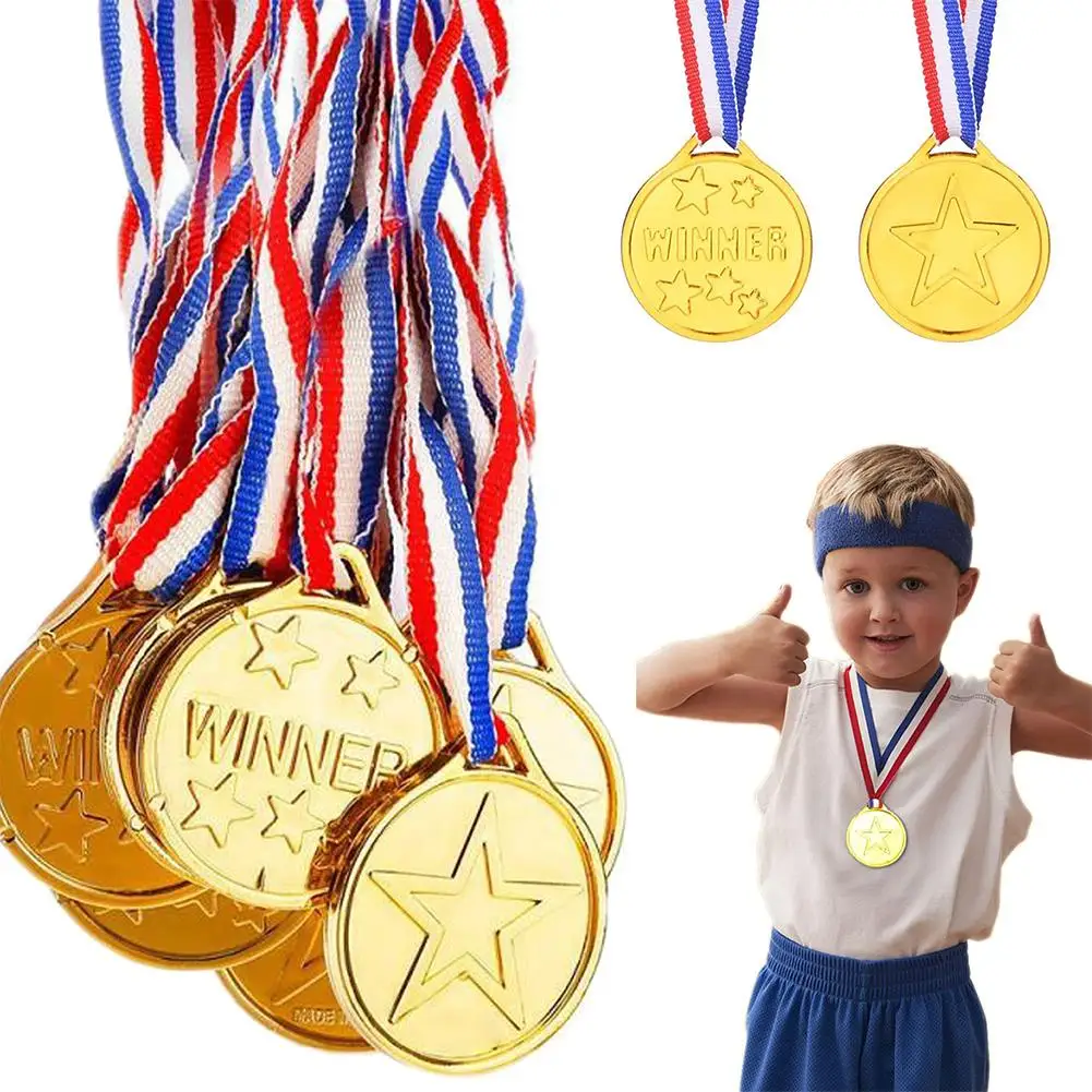 

10 шт. пластиковых золотых круглых медалей для награждения победителей, детских спортивных соревнований, вечеринок, сувениров, подарков, наград для класса