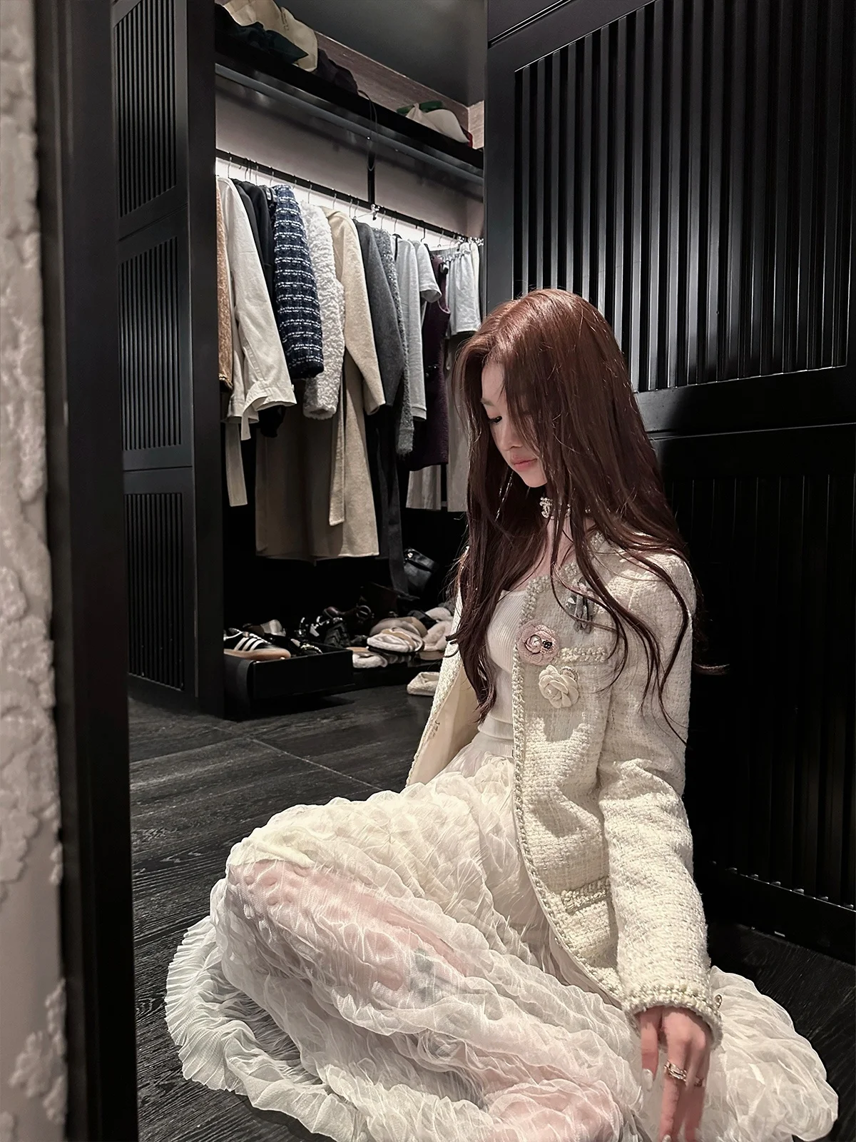 

Chien Luxury Knitted White Outerwear Women's Faion Autumn Coat French Sle Polyester Fibre Long Sve round Ne Button D...