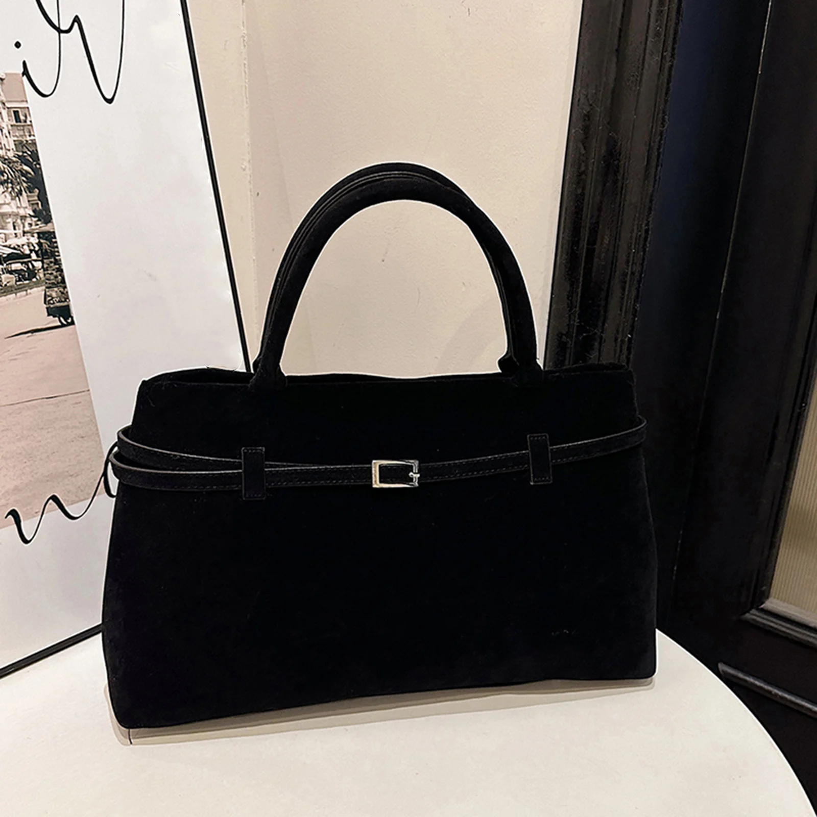 

Frosted Tote Bag Large Capacity Belt Buckle Briefcase Solid Color Versatile Tote Handbag Commute Tote Bag