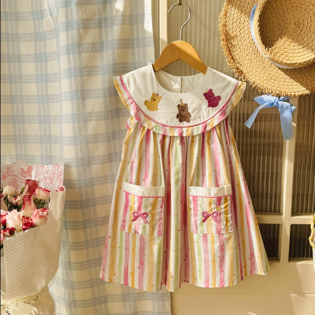 

Party Dress Colorful Striped Bear Embroidery Sweet Girl's Summer Dress Navy Style Trendy Sleeveless Children's Skirt for Girls