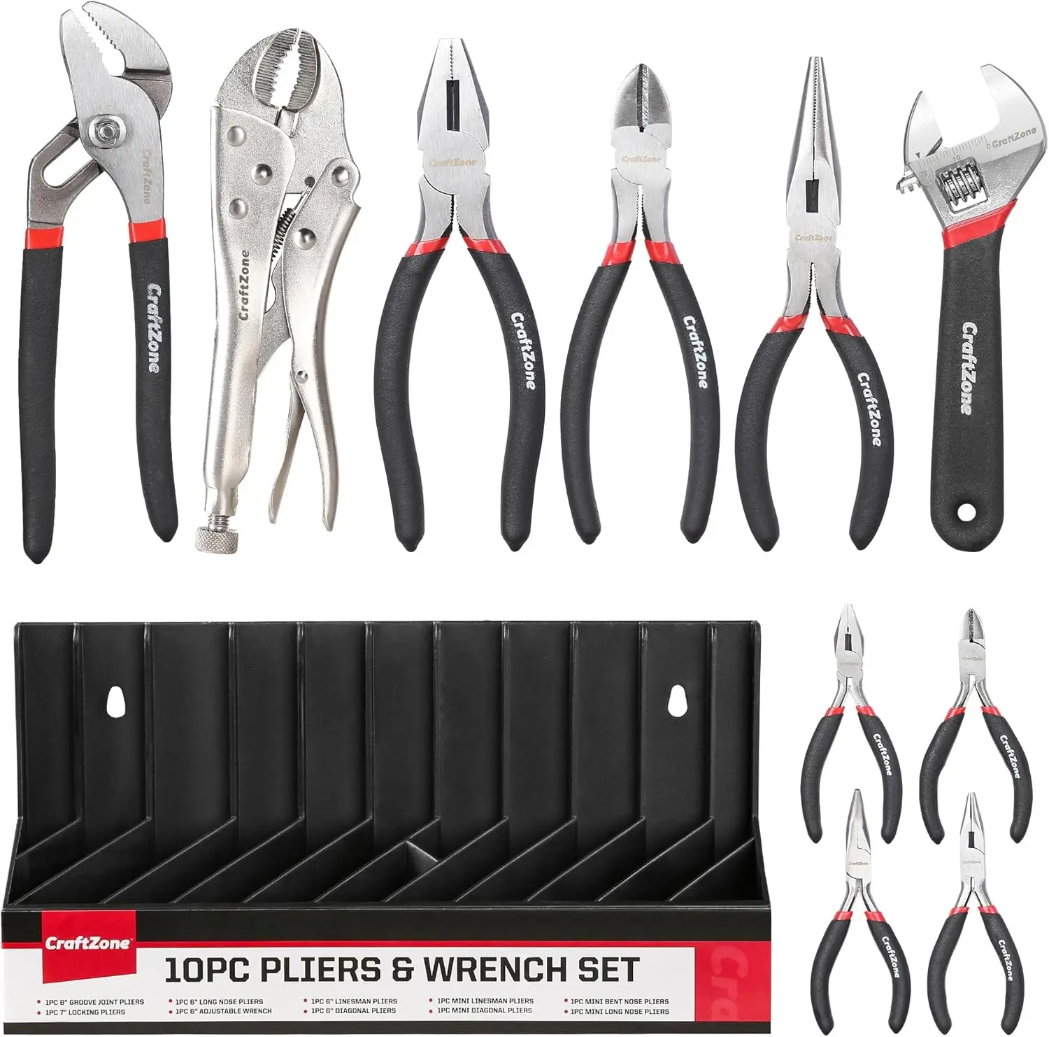 

10PC Pliers & Wrench Set with Storage Rack – Locking, Long Nose, Diagonal Cutter, Groove Joint, Linesman, Mini Plier – Carbon St