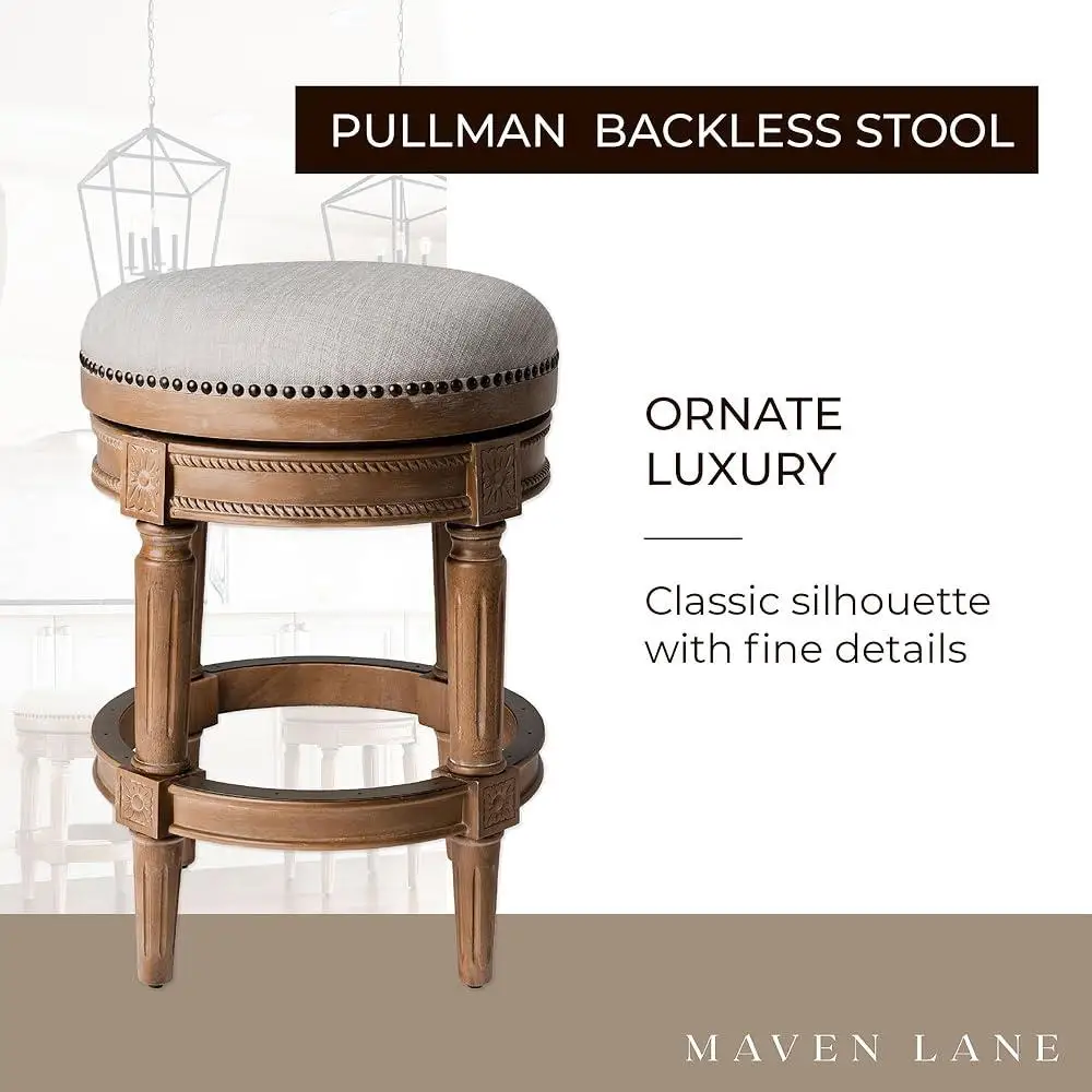 Backless Swivel Barstool Upholstered Cushion Kitchen Counter Stool Wood Carved Design 26 Inch High Weathered Oak Finish