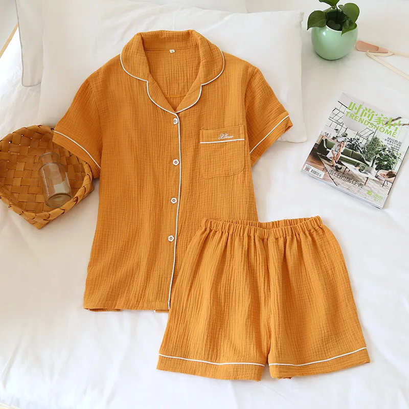 

Spring and Summer Cotton Gauze Home Wear Thin Korean Style Solid Color Embroidered Men's and Women's Washed Cotton Crepe Pajamas