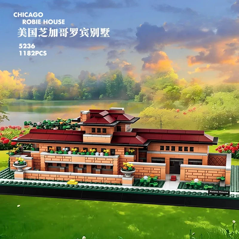 Cidade famosa arquitetura robie casa-chiquago, américa modelo blocos de construção natal aniversário tijolos quebra-cabeça brinquedos crianças presentes