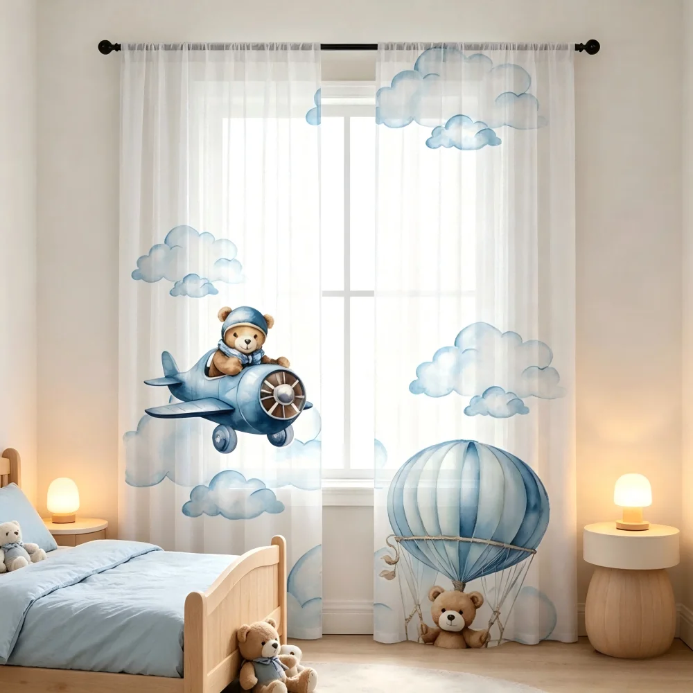 Image of 2 Stück Digital Bedruckte Transparente Vorhänge, Kleiner Bär-Pilot, Niedliches Cartoon-Abenteuer - Voile-Gardinen für Schlafzimmer Wohnzimmer Dekoration