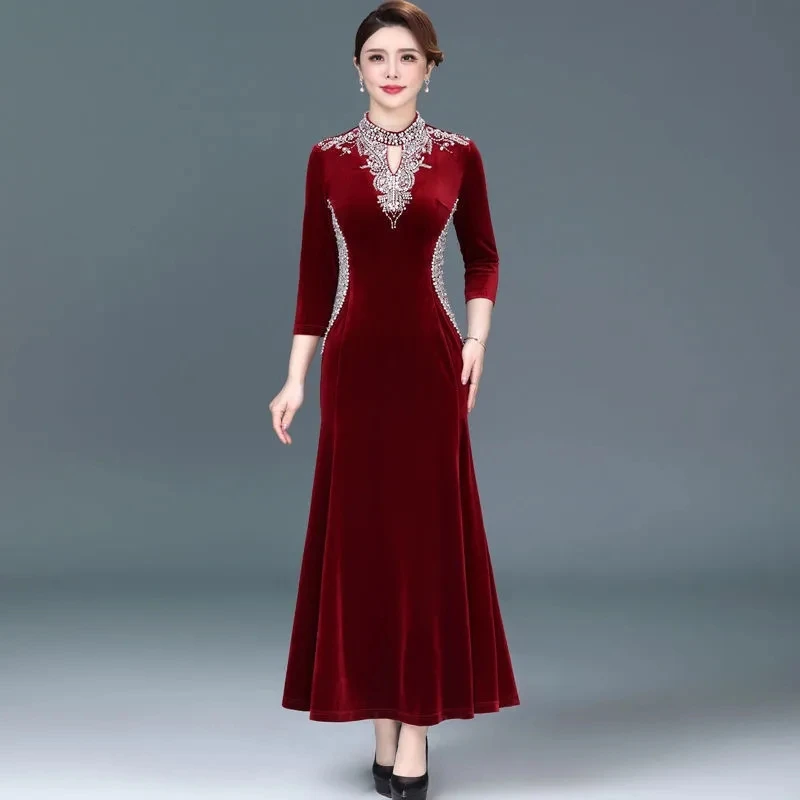 ハイエンドの気質エレガントな女性のチャイナドレス春秋のファッションスリムマーメイドドレス母の結婚式のパーティードレス 6XL