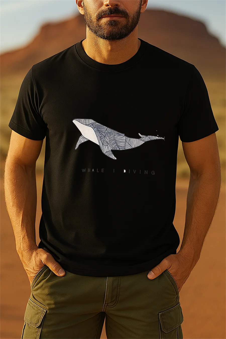 Urban casual men's new sperm whale print round neck T-shirt, fashionable and breathable short sleeved