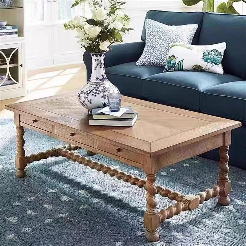American solid wood coffee table living room simple rectangular with drawers tea table French retro old log color coffee table