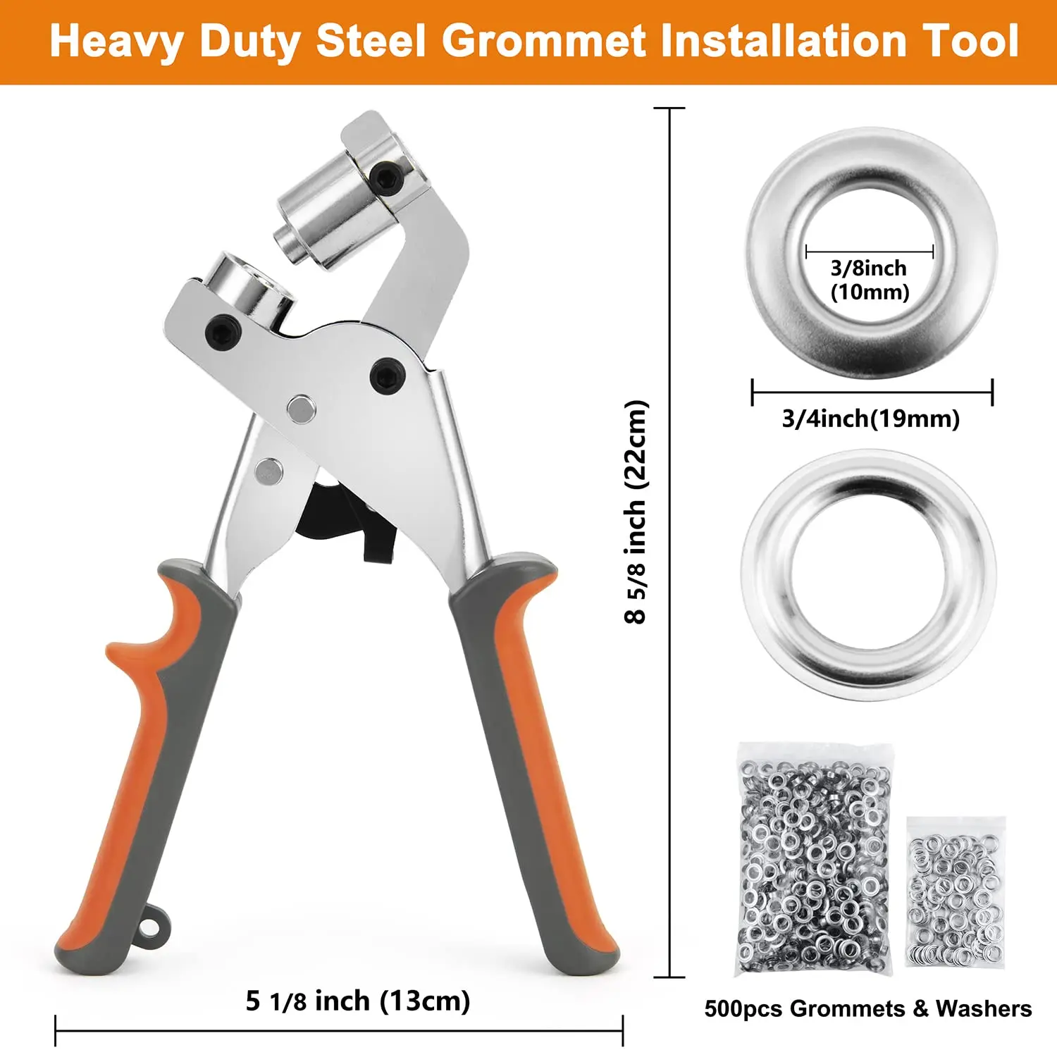 Grommet Tool Kit, 500Pcs 3/8 Inch Silver Grommets, Heavy‑Duty Eyelet Plier for Tarps, Banners, Canvas, Leather