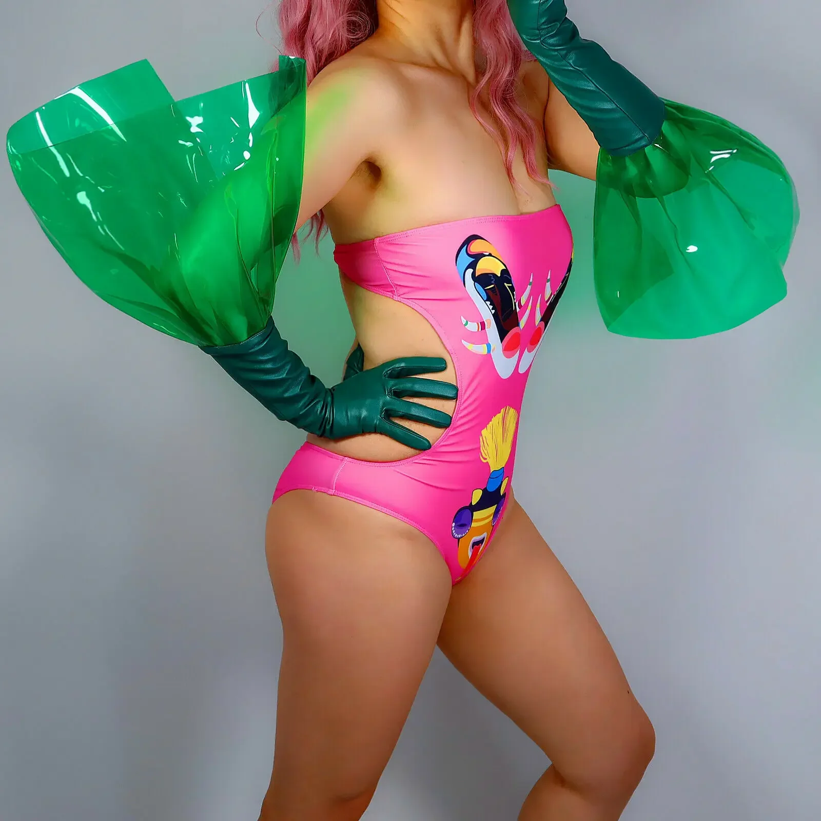 

Green Long GLOVES Plastic CLEAR PVC Puff Sleeves Faux Leathe 2-tone 70cm Long Fashion Evening Dressing Opera Halloween Glove