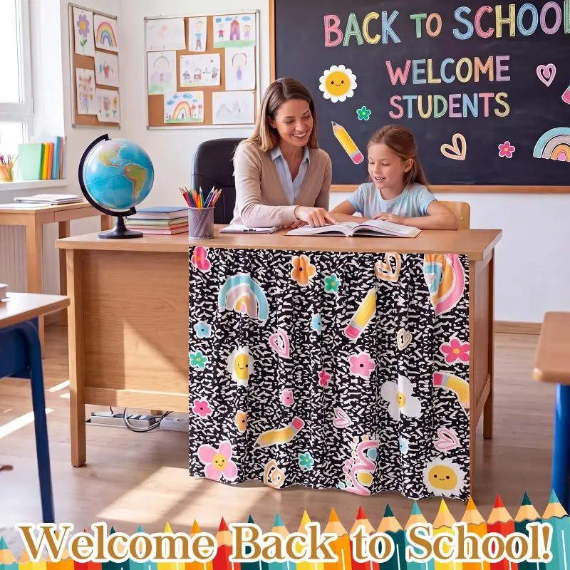 VIKAMA Back To School Cartoon Self Adhesive Cabinet Curtain No Drill Desk Skirt Under Sink Cover Classroom Kitchen Storage Decor - view 5