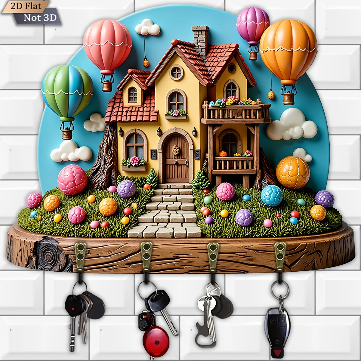 2D Flat, 1pc, Fairy Tale Cottage Hot Air Balloon Themed Key Hook, Wooden Multi-functional Home Key Hanger, with four metal