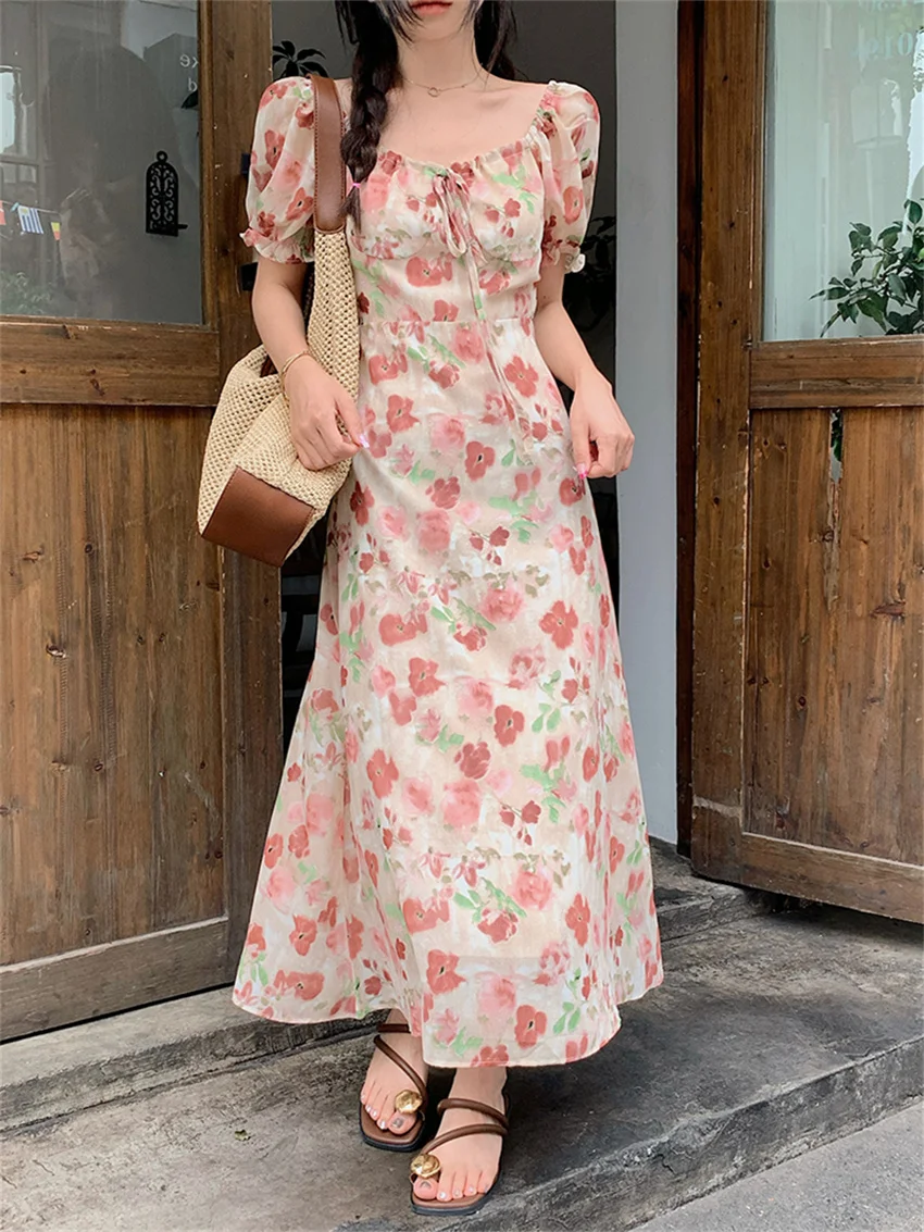 

Alien Kitty Slim-Fit Women Sweet Maxi Dress Summer Florals Short Puff Sleeve 2023 Gentle Chic Elegant Princess Office Lady