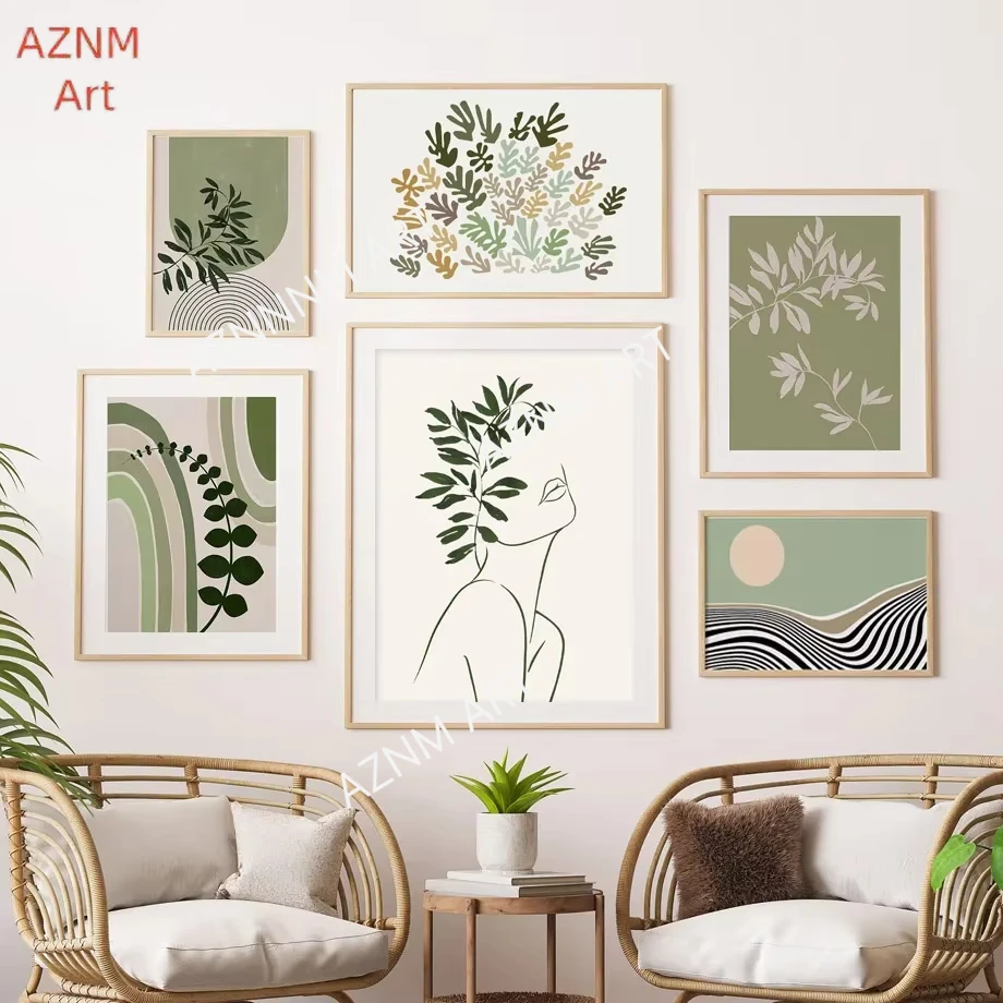 Abstract Plant Leaves Line Girl Rainbow Geometry Sun Nature Posters Prints Wall Art Canvas Painting Living Room Home Decor