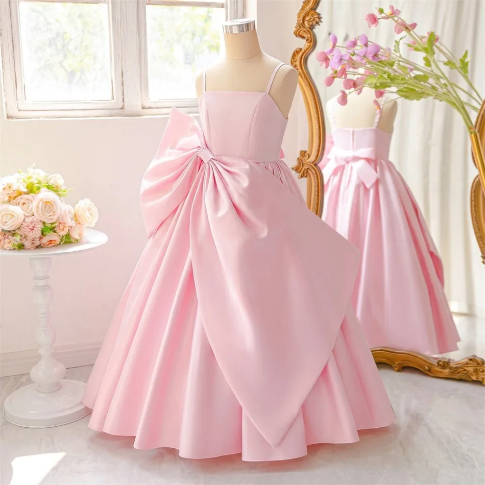 Elegant Girls Pink Satin Spaghetti Strap Long Pageant Dress Big Bow Formal Flower Girl Wedding Evening Party Prom Gown ASQ03