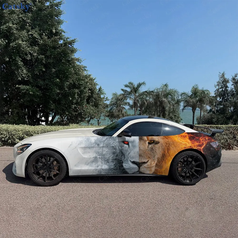 2pcs Ice Fire Electric Split Lion Car Side Wraps, Self-Adhesive PVC Waterproof & Scratch-Resistant Stickers, Car Accessory Gift