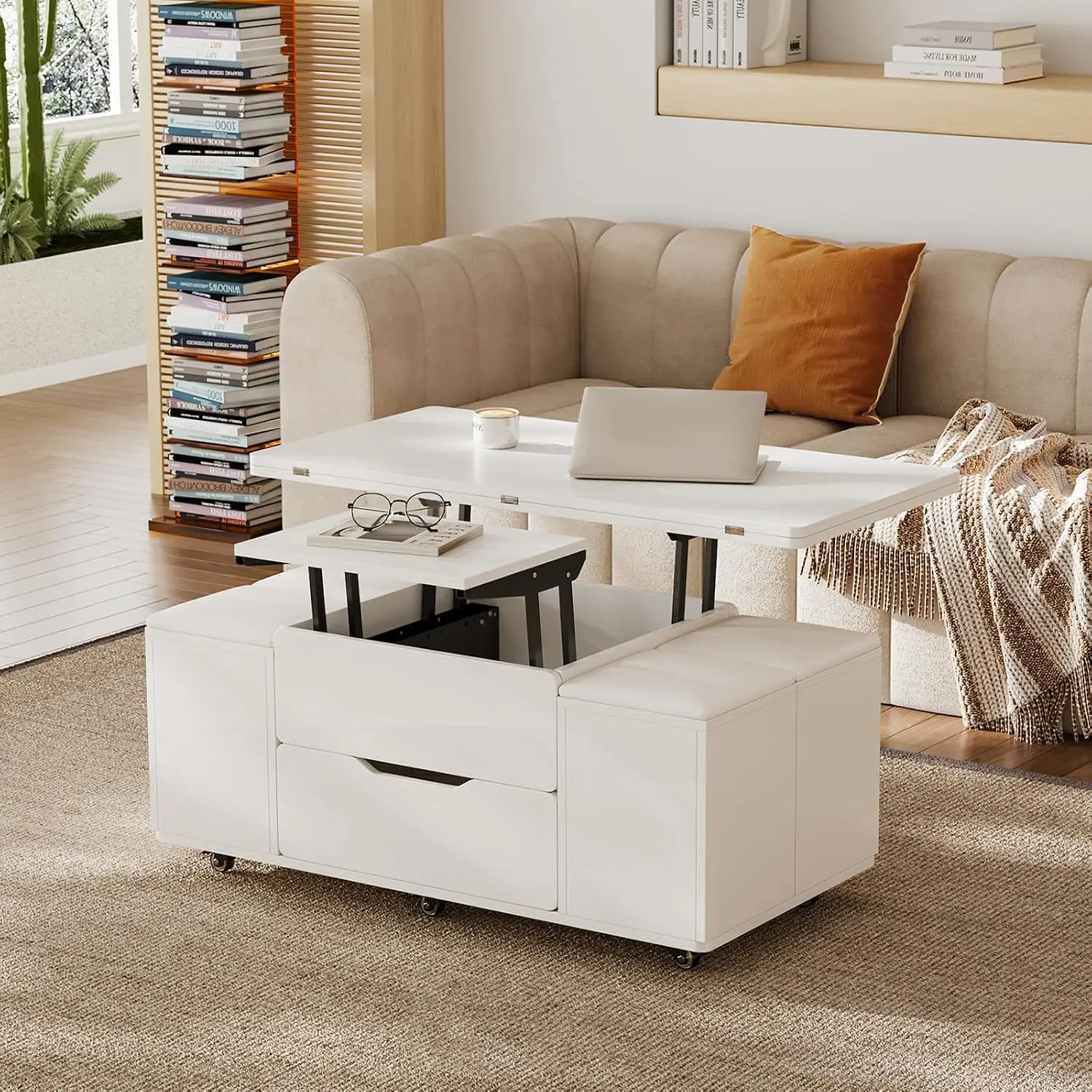 White Lift Top Coffee Table Hidden Storage 3 In 1 Multi-Function Folding Center Table 4 Stools Casters, Customized