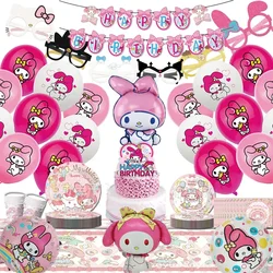 Cute Sanrio Melody Birthday Party set dinnerware Banner Cake Disposable Topper Hanging Flag Melody Balloons Birthday Decoration