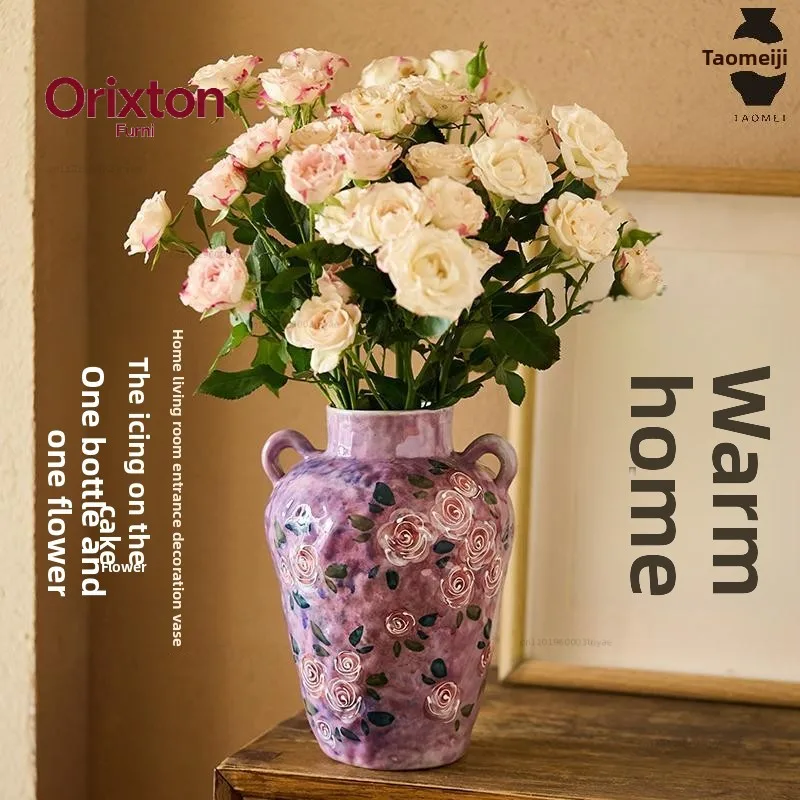 Hand-painted rose ceramic vase with underglaze color flower arrangement and decorative item