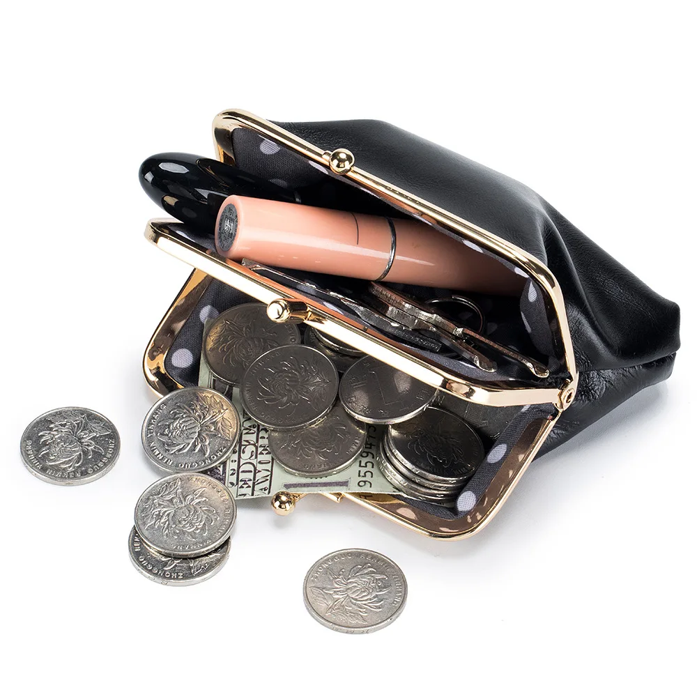 Royal Bagger Double Layer Coin Purse for Women Mini Oil Wax Skin Storage Bags Genuine Cow Leather Fashion Mouth Gold Bag 2075