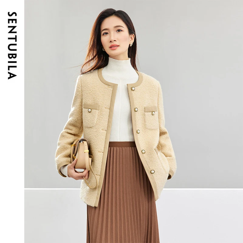 SENTUVILA Patchwork Woolen Coat Women 2024 Winter Straight Pearl Button Coat Jacket O Neck Cropped Warm Outwear 134W52539