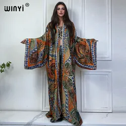 WINYI klasyczny czeski kostium kąpielowy z okrycie plażowe i elegancką afrykańską sweter damski boho seksowną wakacyjną Kimono plażową z długim rękawem