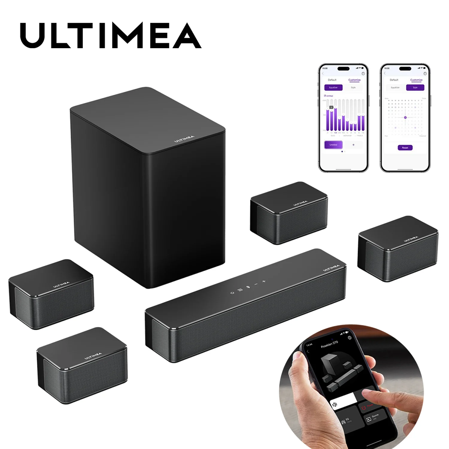 ซาวด์บาร์ ULTIMEA Poseidon Series 7.1 ระบบเสียงรอบทิศทาง, ระบบเสมือนจริง 3 มิติ พร้อมซับวูฟเฟอร์และลำโพงหลัง 2 ตัว, ระบบโฮมเธียเตอร์พร้อมแอปพลิเคชัน