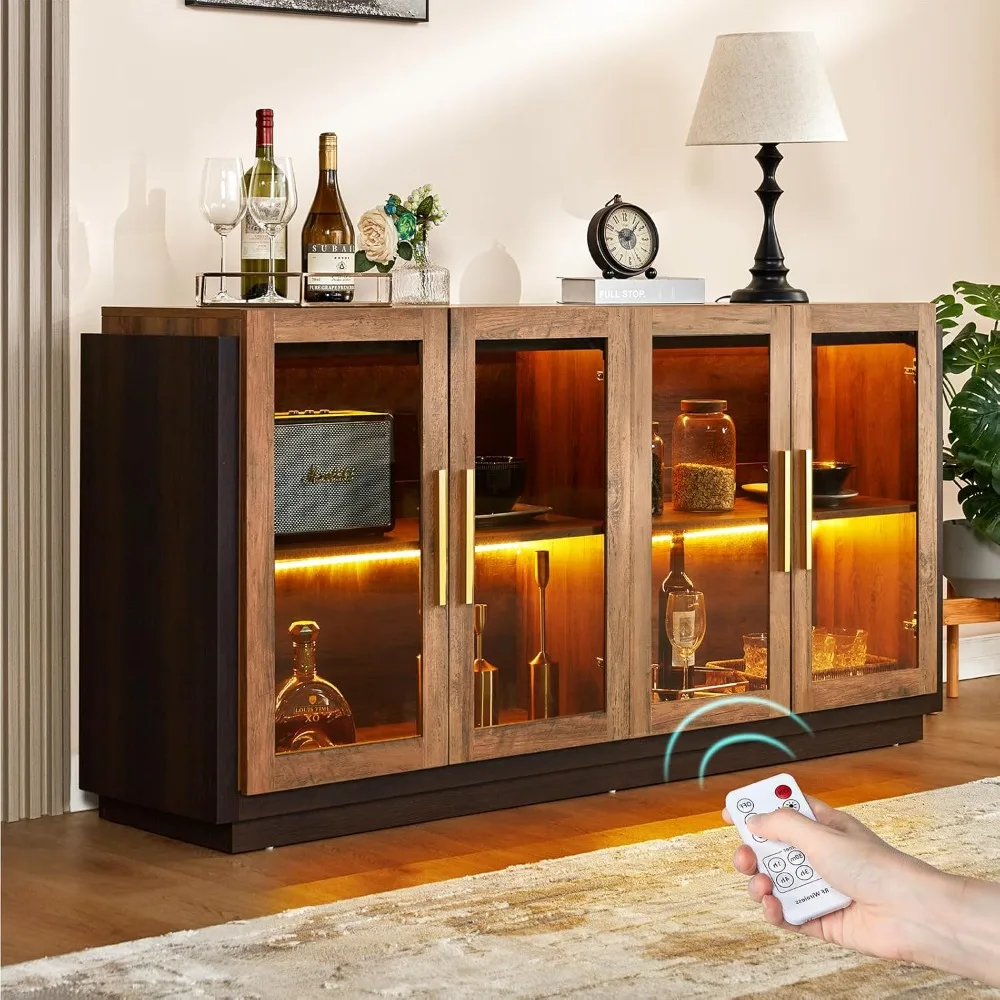 

Sideboard with Storage, 64 Inch Sideboard with Glass Door, Modern Wood Glass Sideboard, Wood Grain + Brown