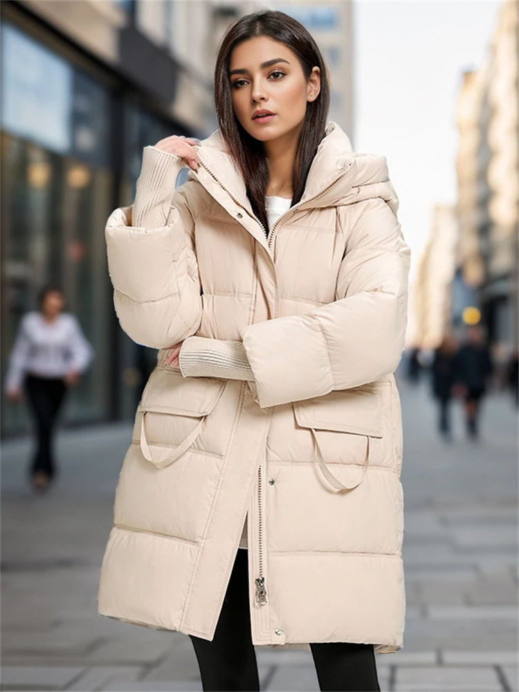 2024 Winter New Women\'s Loose Padded Down Jackets The Mid-Length Is Thickened Personality Pockets Warm Over-The-Knee Jacket