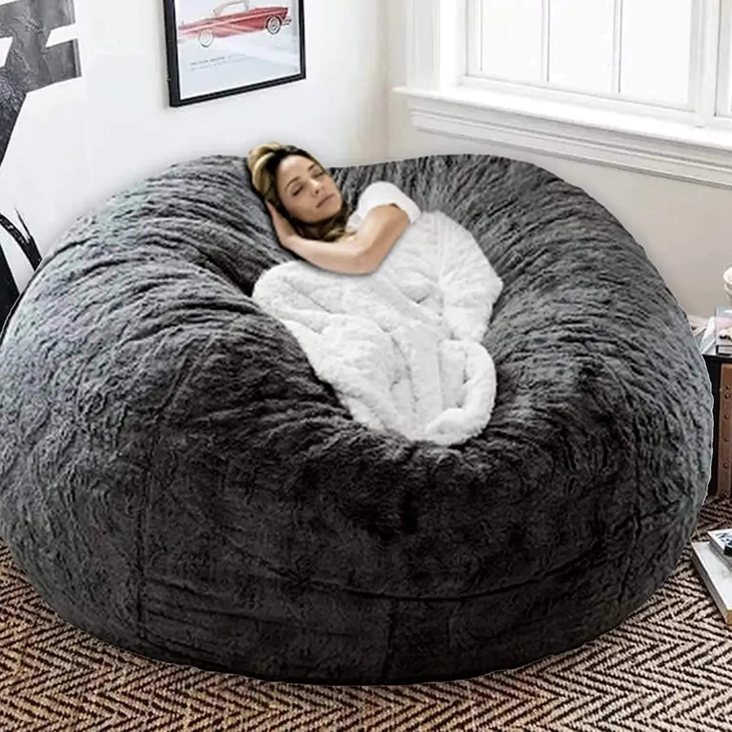 Giant Soft Fluffy Fur Bean Bag Chair Cover for Adults (Cover ONLY NO Filler) 7ft Black Big Bean Bag Bed Oversized Lazy Bean